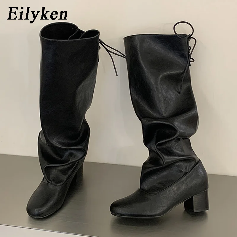 Eilyken 2027 New Winter Fashion Lace Up Round Toe Woman Knee High Boots Square Heels Long Booties Shoes Zapatos De Mujer