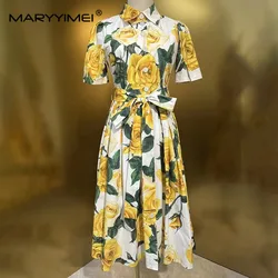 MARYYIMEI Fashion Women's New Cotton Shirt Lapel Elegant Vintage  Rose Printed Single-Breasted Lace-Up Short-Sleeved MIDI Dress