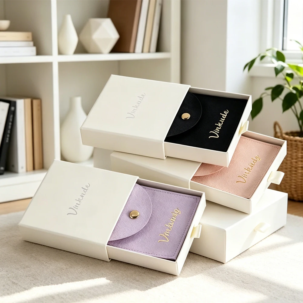 

100Pcs Custom Logo Beige Drawer Box Jewelry Packaging Boxes Bracelet Necklace Ring Earrings Paper Box with Microfiber Snap Bag