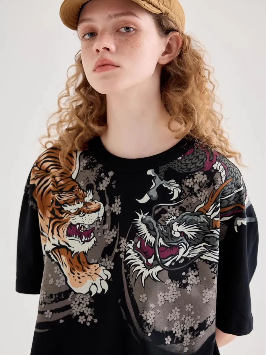Black Cotton Dragon Tiger Printed T-shirts Tops Vintage Casual Summer High Quality Streetwear Yokosuka  High Street