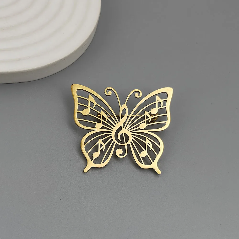316L Stainless Steel Plated 18K Gold Music Note Butterfly Hollow Brooch Lapel Pin Music Lover Suit Backpack Women Jewelry Gift - view 3