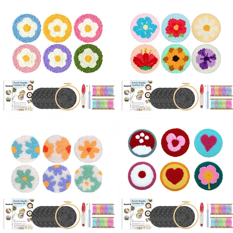 

6pcs Flower Punch Needle Coasters Kit Handmade Easy Punch Needle Embroidery For Adults Set Tufting Coaster Home Decoration