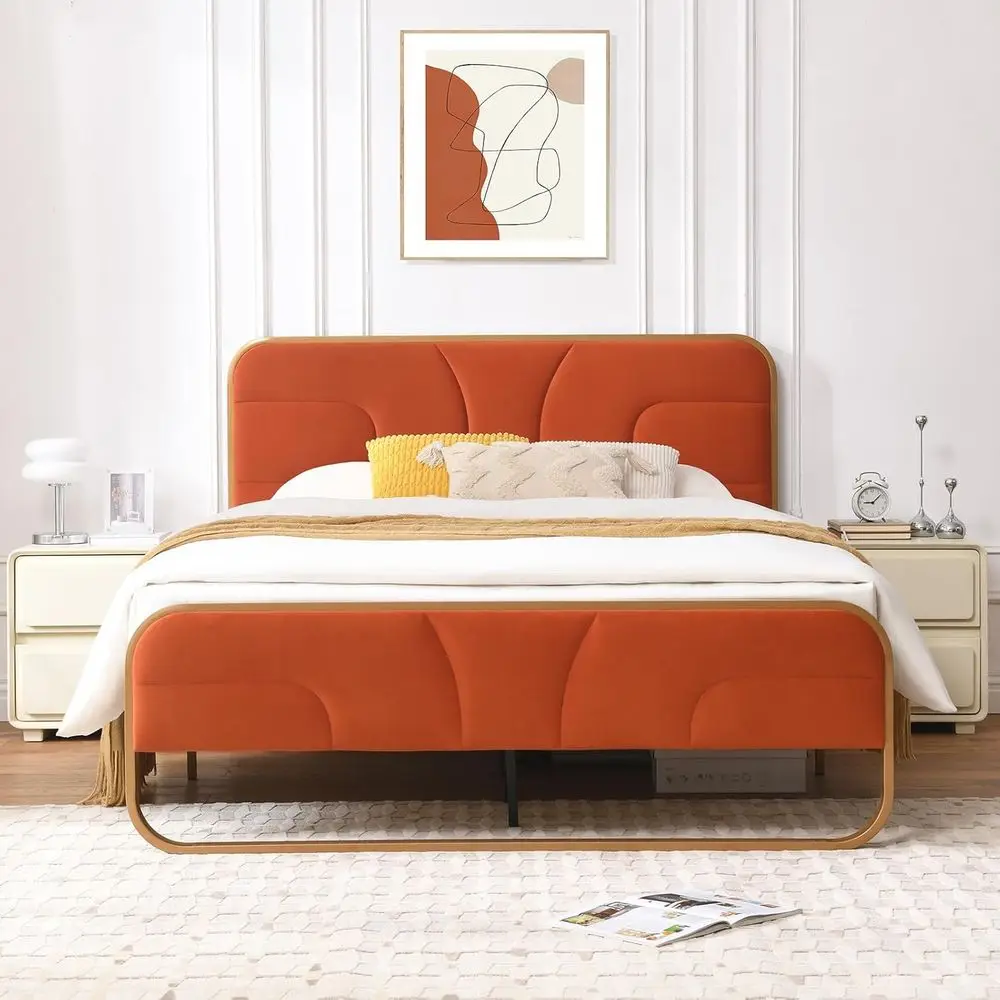 

Mid-Century Modern Velvet Platform Bed with Metal Base, Wooden Slats, and Orange Storage, No Box Spring Needed