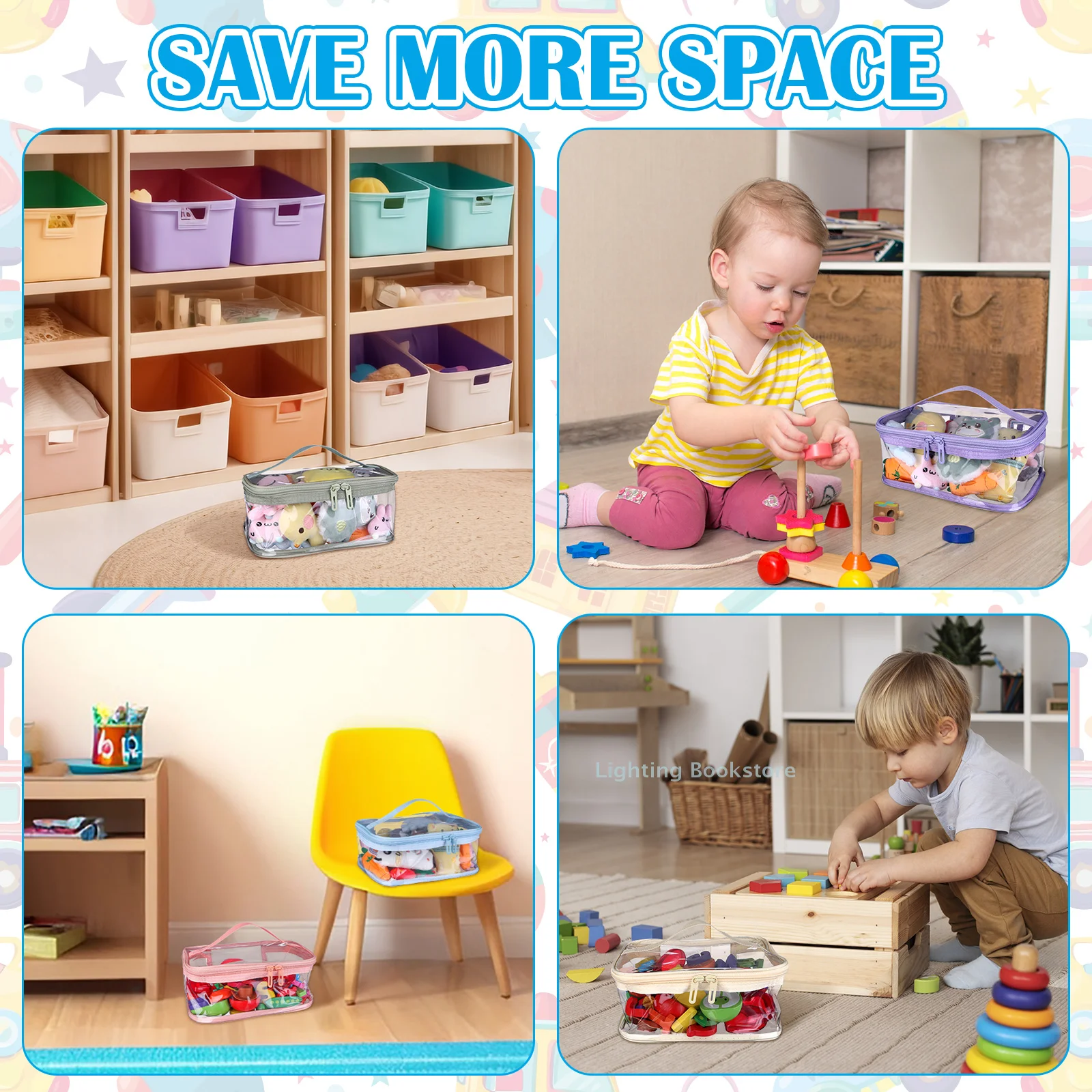 6 Pcs Clear PVC Toy Storage Bags With Handles 9.1x6.7x3.9 Inch Travel Toiletry Bags Waterproof Toy Storage Organizer Pouch With