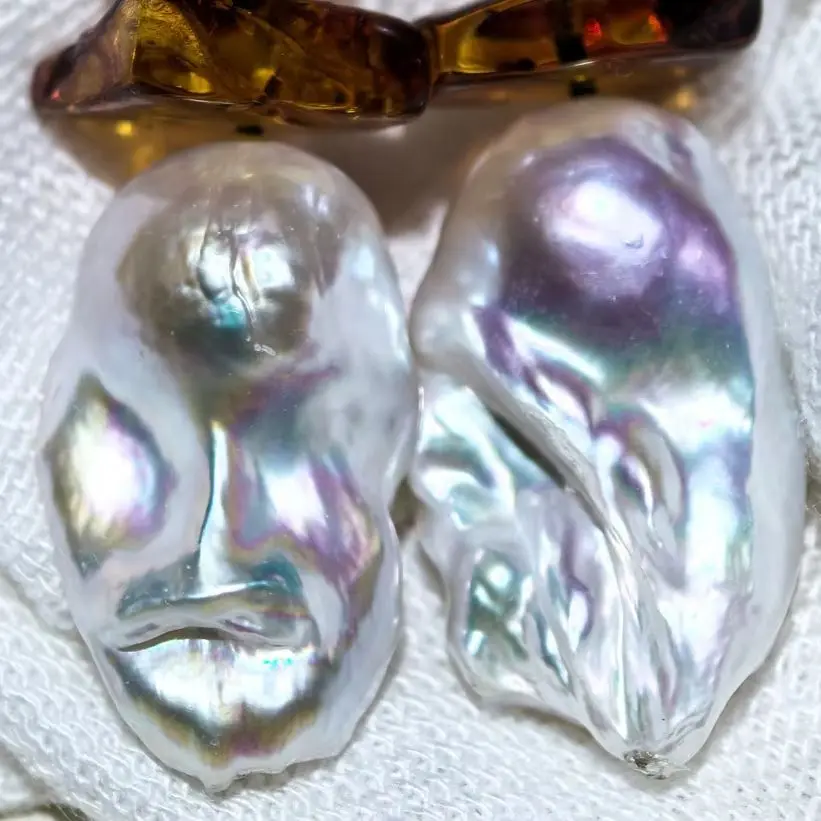 

MTC·STAR 26mm White Baroque Reborn Keshi Pearl Natural Amber Dangle Earring（Z14627 ）