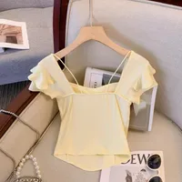 Korean Sle Versatile Design Square Collar ort Sve T-irt ow Body ape Ele Small Flng Sve Belly up Top - Image 4