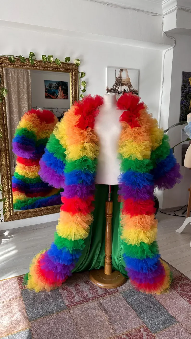 Colorido plissado em camadas capa inchado tule shoot robe vestidos de festa moda feminina casaco de palco jaquetas arco-íris jaqueta longa qualquer cor