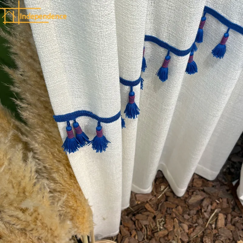 New White Chinese Woven Cotton and Linen Window Screen Curtains for Tassel Living Room Bedroom French Window Balcony Customized