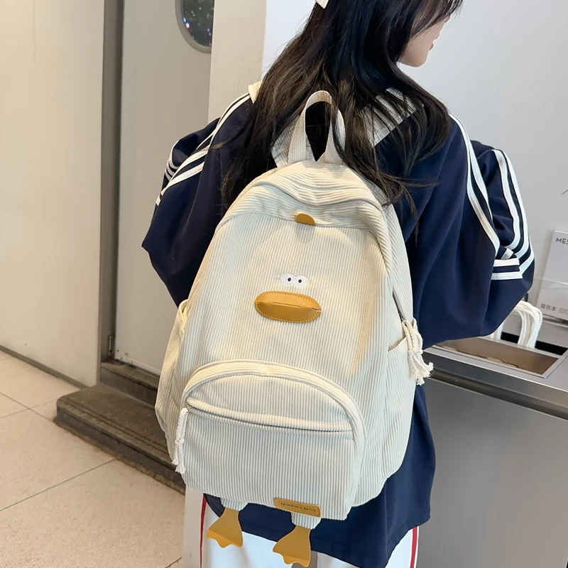 Cartoon Duck Backpack Kawaii Aesthetic Backpack Corduroy School Backpack Travel Daypack for Teen Girls Women