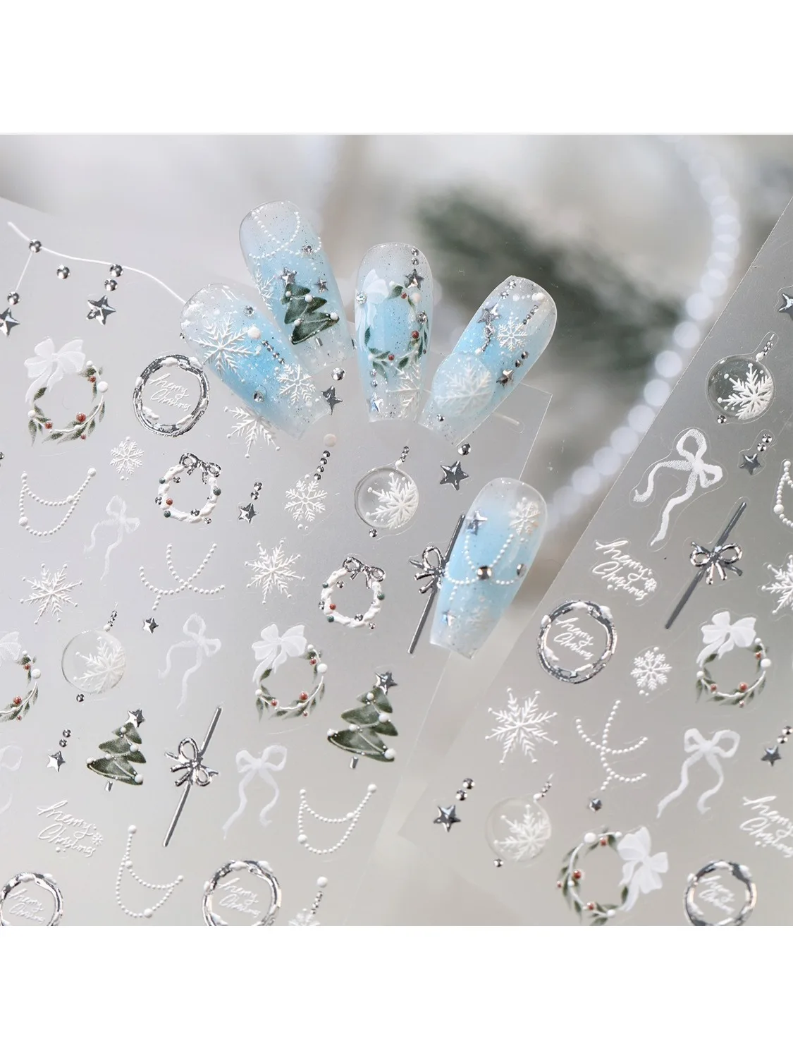 5D Retro Weihnachts-Nagelsticker, Silberfolie, weiße Schleife, Perlenkette, silberner Rand, Weihnachtskranz, Schneeflocke, Baum, Maniküre-Nagelsticker
