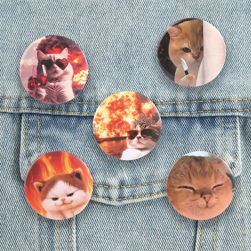 Funny Meme Cat Button Pins Cool Explosion Background Kitten Badge Cute Animal Tinplate Brooch Sassy Accessories