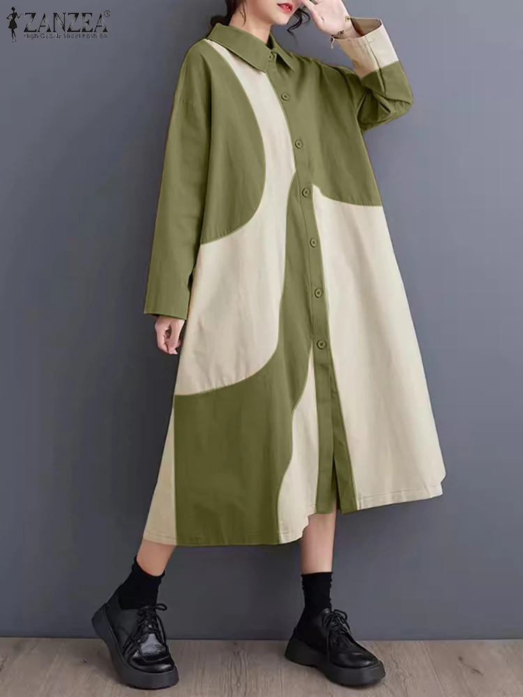 

Elegant Lapel Simple Vestidos ZANZEA Women Irregular Printing Shirtdresses Casual Long Sleeve Dress Holiday 2024 Stitching Robes