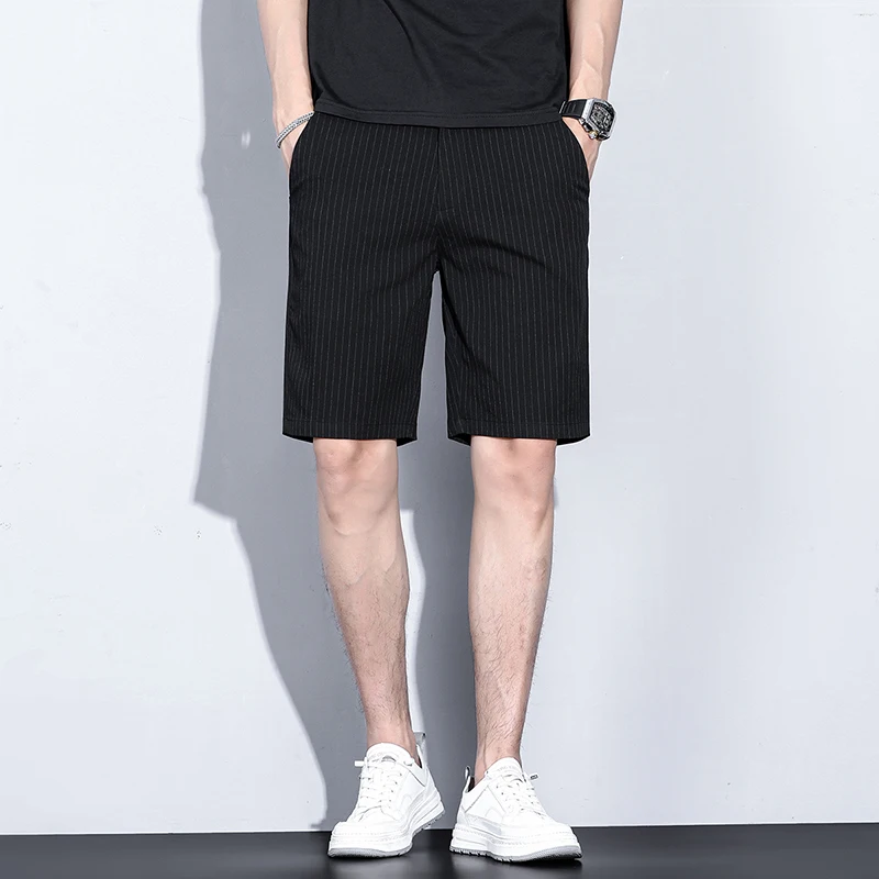 2024 Men Summer Fashion Business Stripe Plaid Shorts Casual Chino Short Office Trousers Breathable Brand Clothing Solid Color