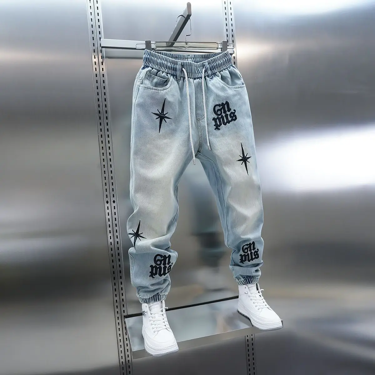 American high-street letter embroidered washed denim jeans fashion loose-fitting jogger harem pants slim-fit casual pants - Image 5