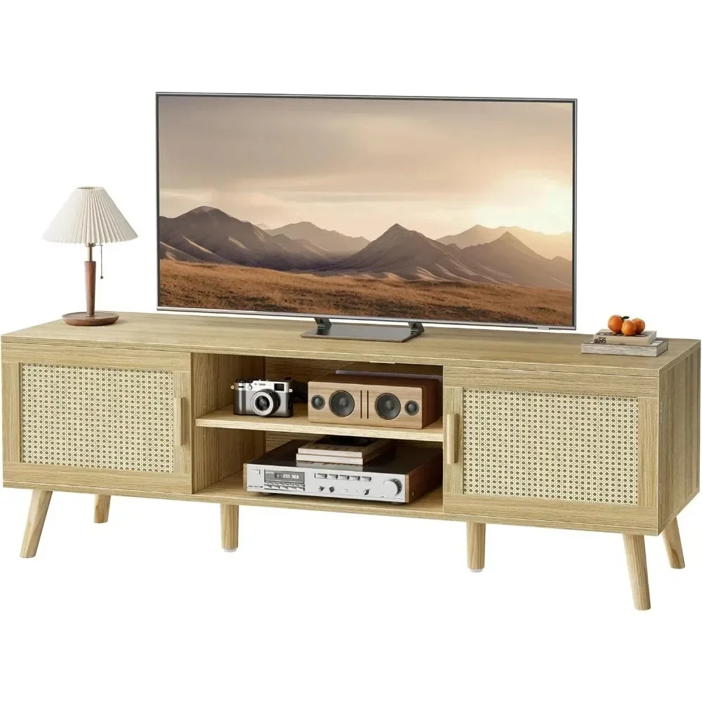 

Boho TV Stand for 55 Inch TV, Entertainment Center with Adjustable Shelf, Rattan TV Console with 2 Cabinets, Media Console