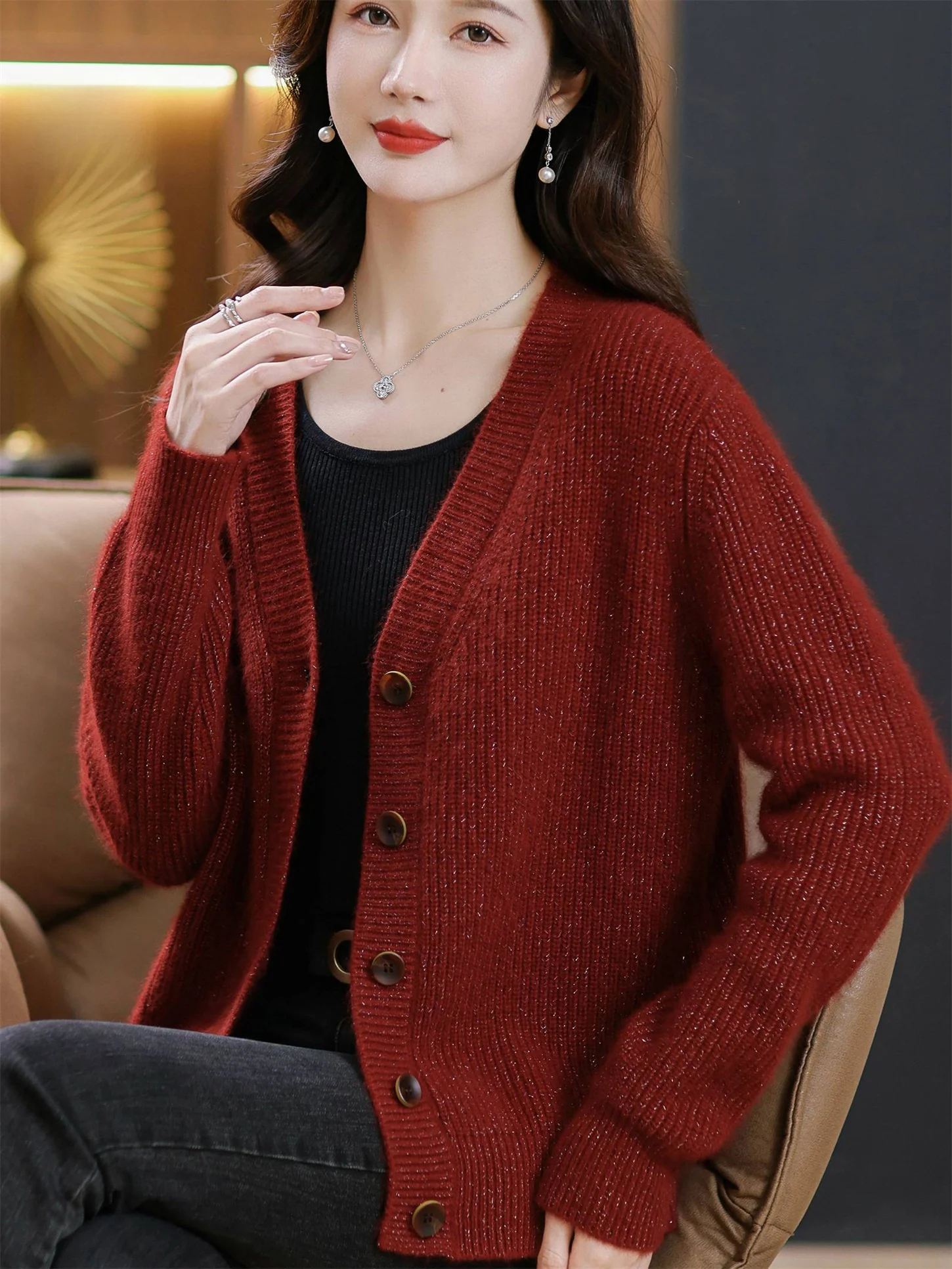 

Autumn Winter Thiened Knitted Open Cardigan Women's Loose Fit V-Ne Buttoned Sweater Warm Outerwear for Middle-Aged And El...