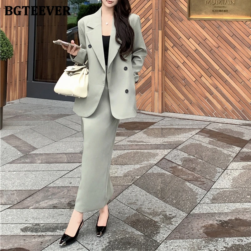 BGTEEVER Spring Elegant Slim Ladies 2 Pieces Blazer Set Double Breasted Long Sleeve Suit Jackets & High Waist Package Hip Skirts