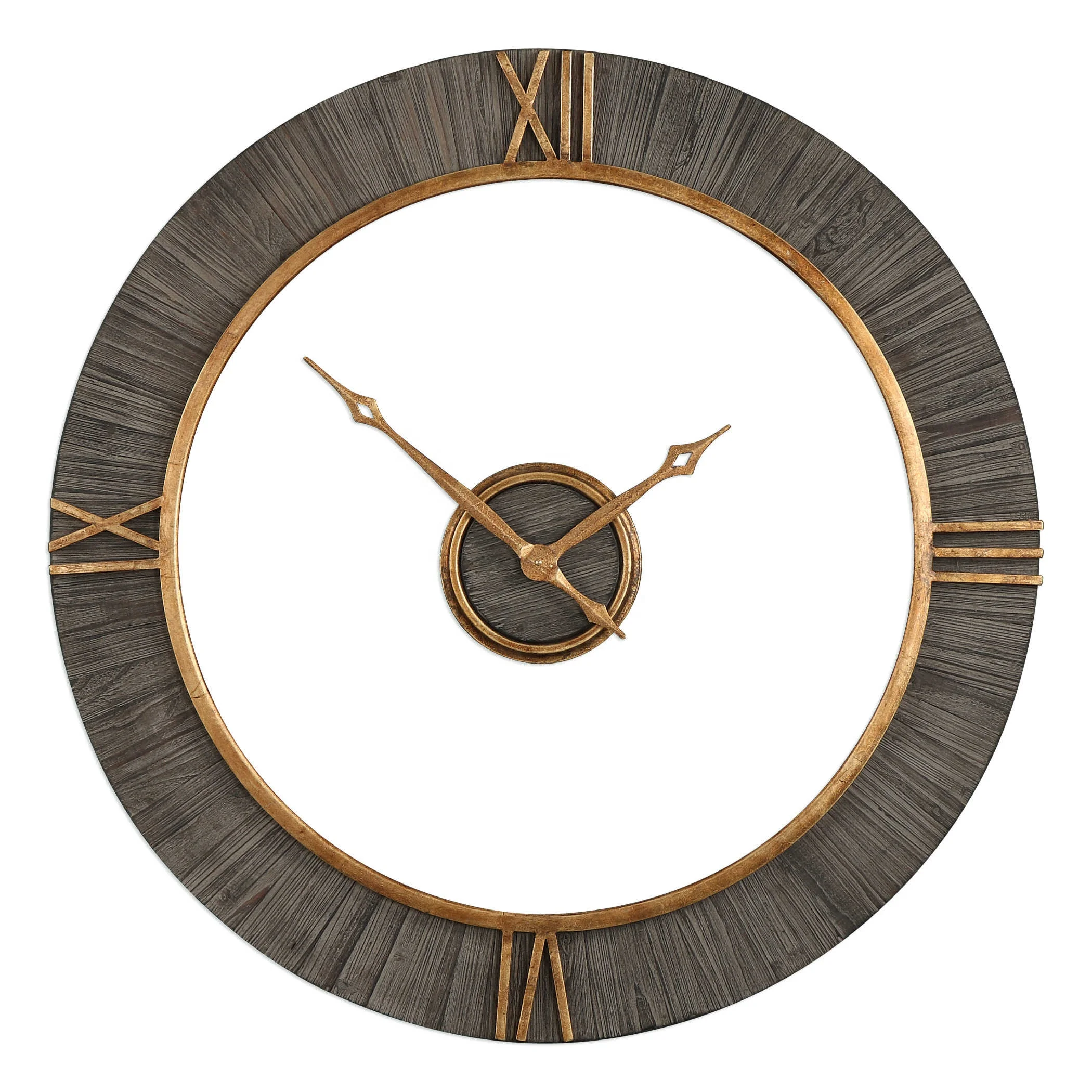 Giant Creative Gray Wooden Border Floating Center Dial Wall Clock With Gold Metal Roman Numbers