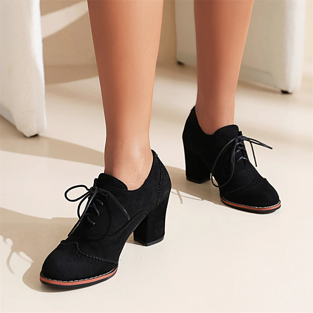 Chaussure Femme Autumn Women Oxford Lace Up Shoes Vintage Round Toe Women England Style high heels Flock Ladies Brogues 33 43