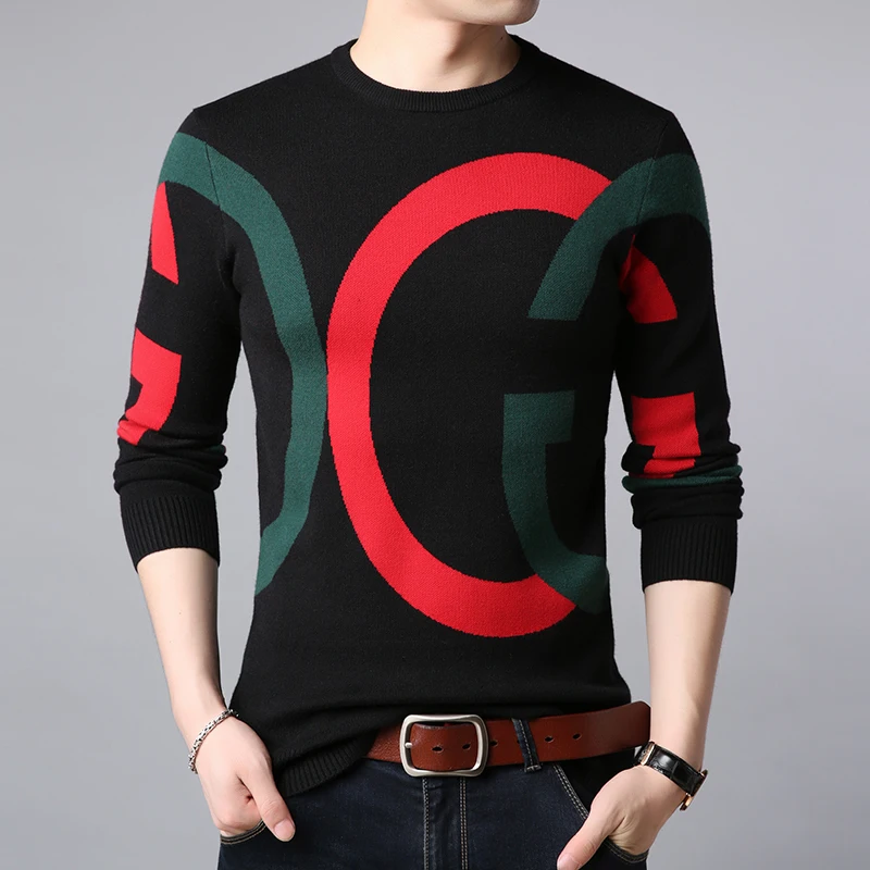 Light Luxury Men\'s Knitted Pullover Autumn/Winter New Letter Embroidery Long Sleeve Korean Trend Casual Fashion Warm Men Sweater