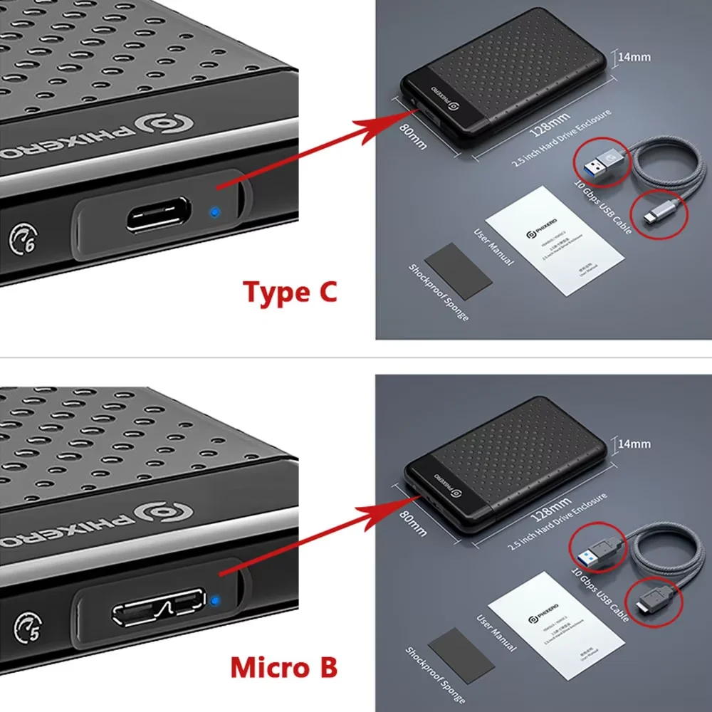 PHIXERO 2.5 Inch External Storage HDD Case USB 3.0 Type-C 6Gbps SATA NVMe HDD SSD Hard Drive Enclosure for PC Laptop Smartphone