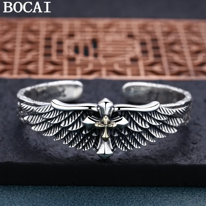BOCAI New Pure S925 Silver Jewelry Punk Cross Graffiti Wings Trendy Man Bracelet Valentine's Day Gift Fine Choice Jewelry