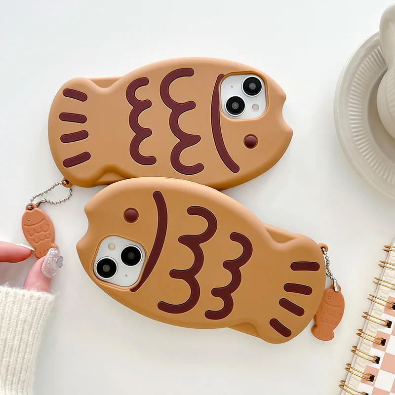 Funda de teléfono de silicona con diseño de pez Taiyaki 3D de animales de dibujos animados para iPhone 17Air 15 14 13 12 16 Pro Max con funda colgante a prueba de golpes