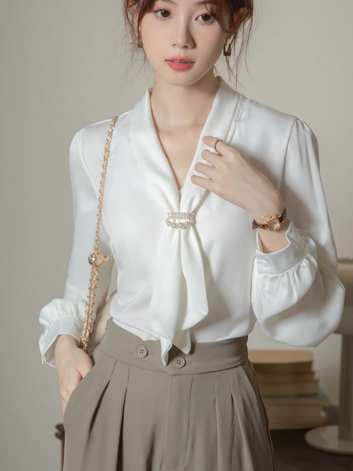 

Ribbon White Shirt Women's Long-sleeved Spring and Autumn Drape Anti-wrinkle Professional Formal Suit Pants Suit