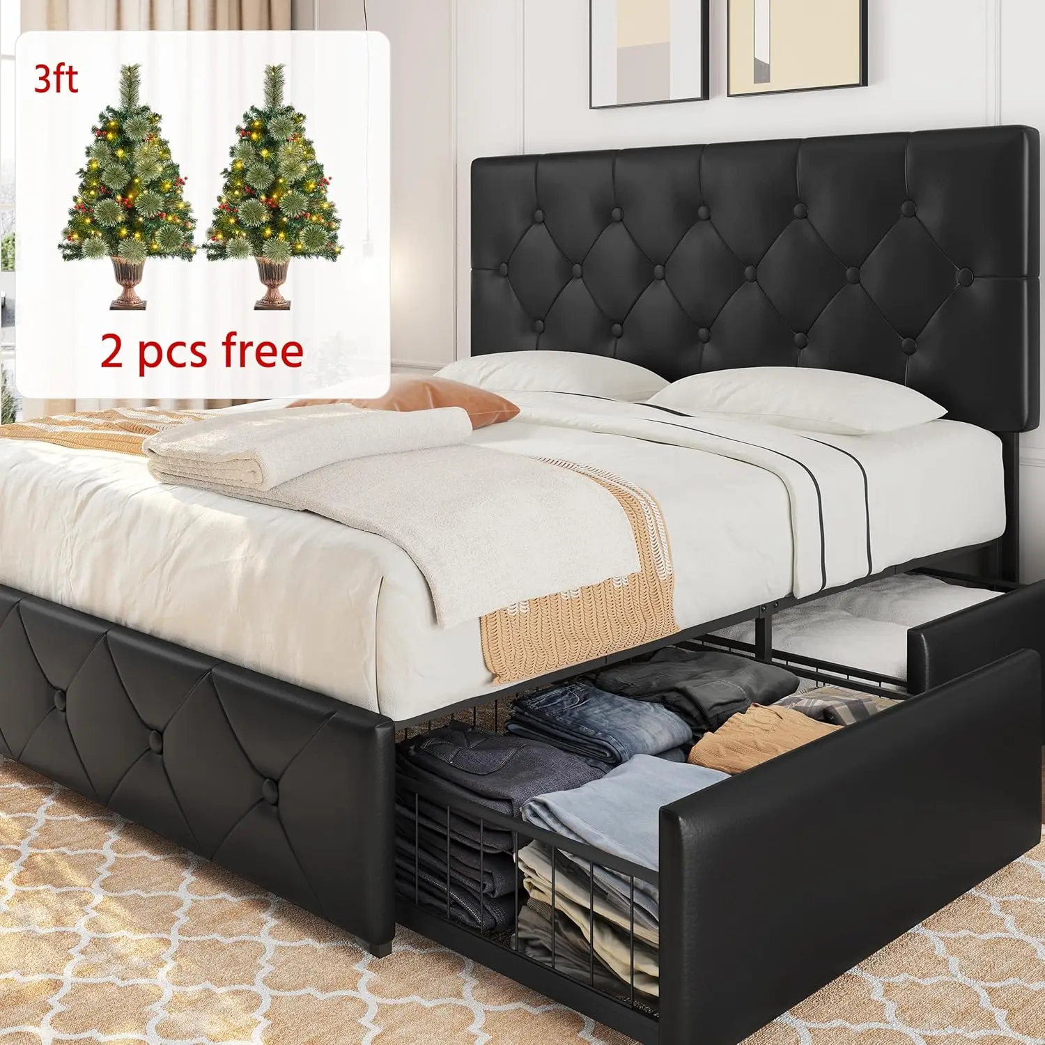 Queen Size Upholstered Bed Frame with 4 Drawers and Adjustable Headboard, Faux Leather Platform Bed with Mattress Foundation