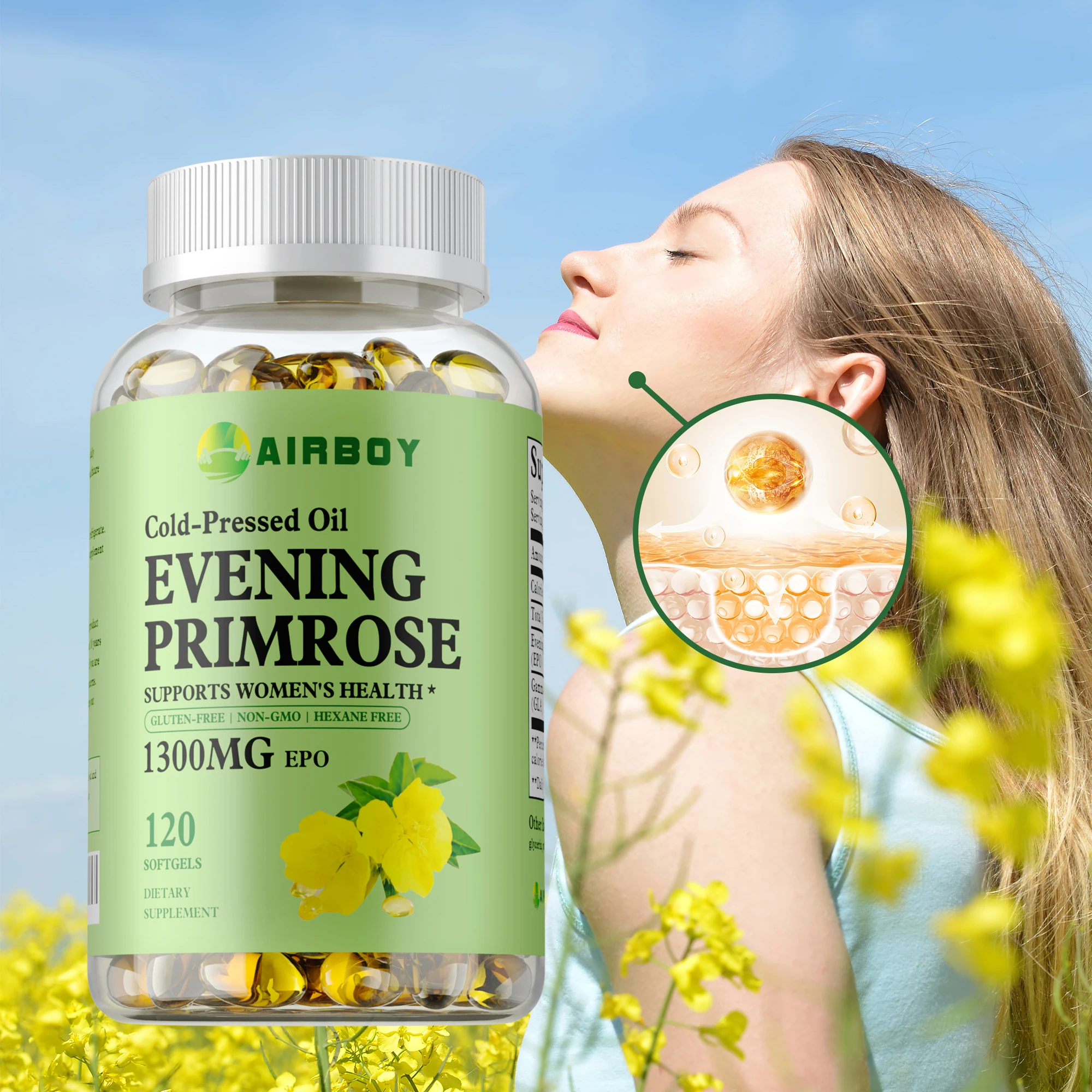 

Evening Primrose Oil - Anti-Aging, Brightening, Soothes Skin, Hormone Balance, Promotes Skin, Immune & Cardiovascular Health