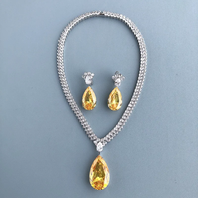 Designer Collection Necklace Earrings Women Lady Inlay Yellow Drop-shaped Pear-Shape Cubic Zircon Pendant High-end Jewellery