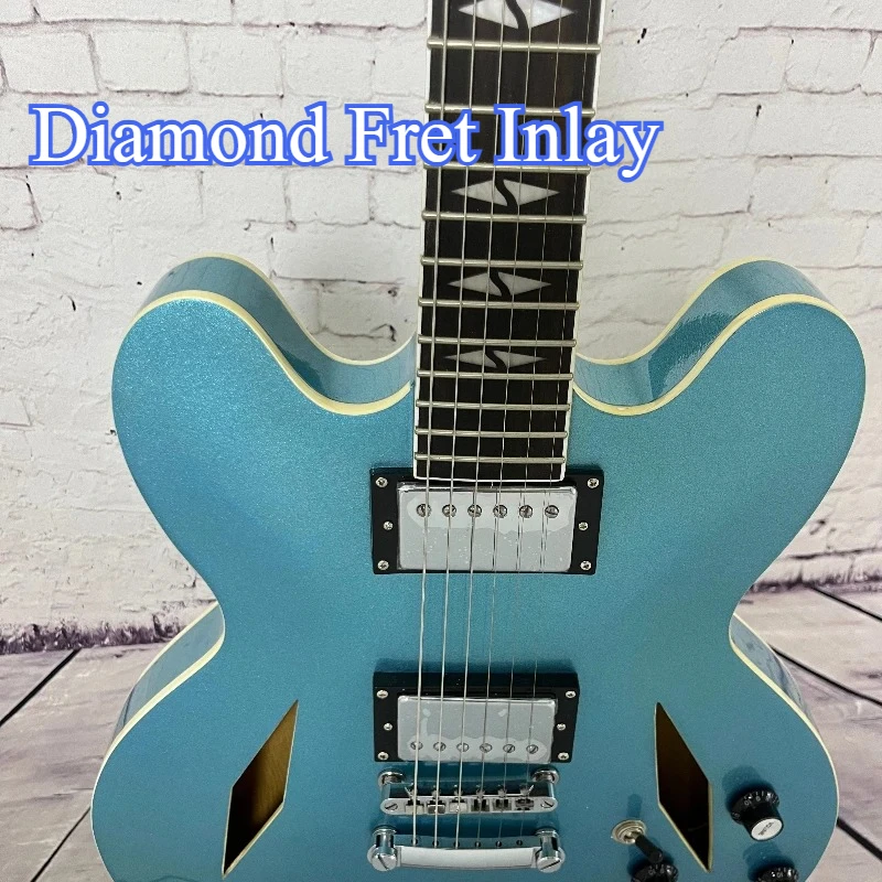 Guitare électrique semi-hollow bleu métallisé 335, micros HH Humbucker, guitare jazz blues rock avec F-Hole et incrustation de frettes en diamant