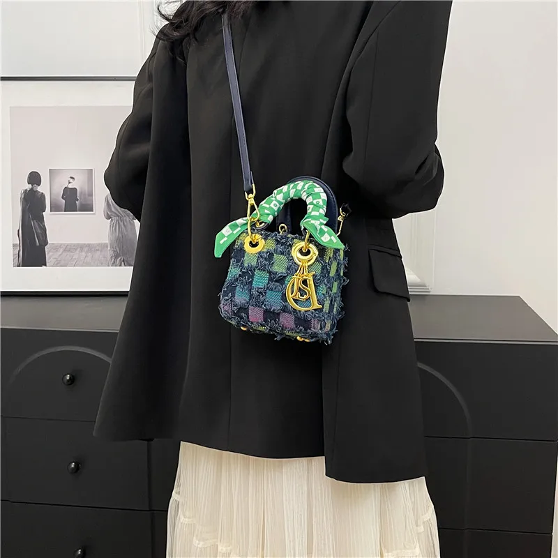 موضة جديدة الدنيم وشاح حريري اللون المتناقضة حقيبة يد صغيرة كتف واحد قطري الصليب حقيبة المرأة #3