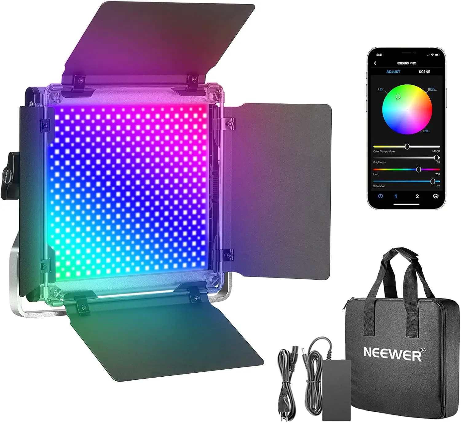 NEEWER 660PRO RGB LED-Videoleuchte mit APP-Steuerung, 50W Video-Beleuchtung 360 °   Vollfarbig, CRI 97 mit Barndoor-/U-Form-Blendenunterstützung für Streaming, YouTube, Webex, Rundfunk,