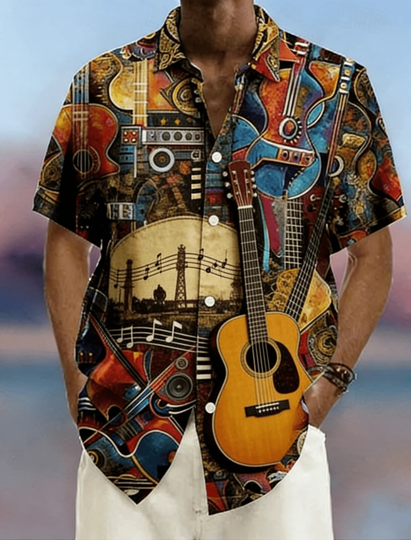 

Men's Black Musical Instrument Print Short Sleeve Shirt, Spring Summer Rock Themed Casual Vacation Blouse, Loose Casual Top