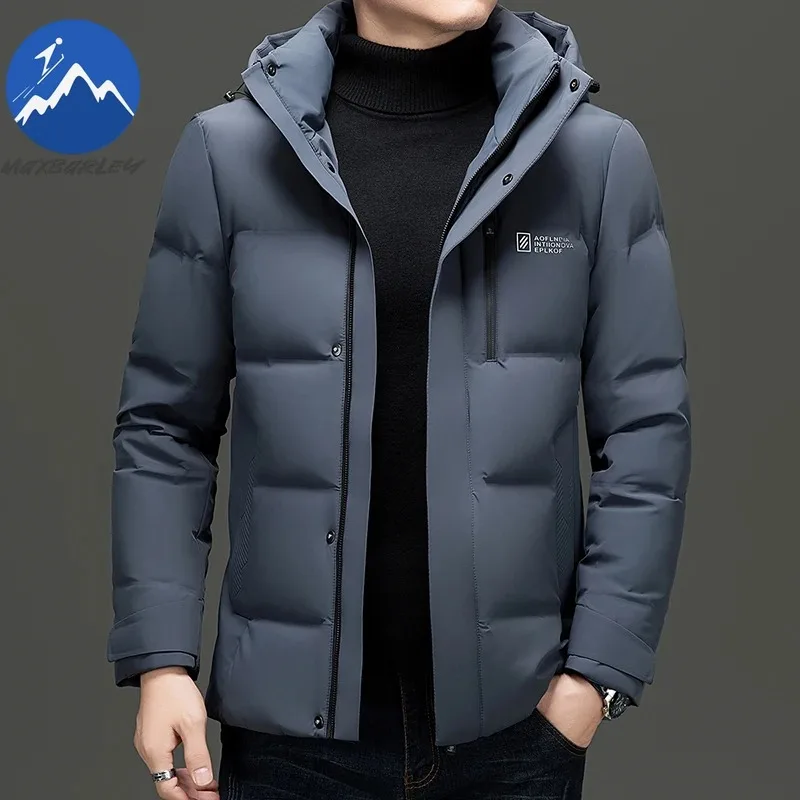 Chaqueta larga de invierno para hombre, 90% plumón de pato, abrigo grueso y cálido con capucha extraíble, ropa informal de negocios de cuero PU resistente al agua
