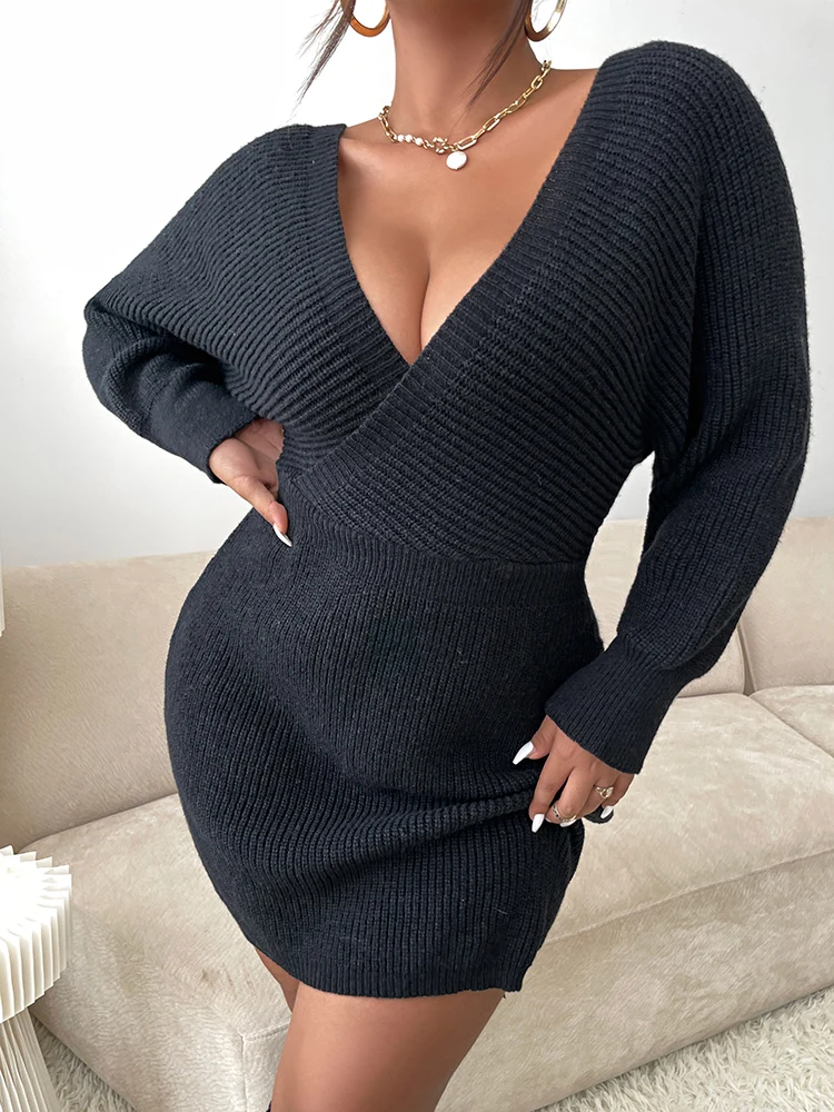 ONELINK  Sexy Deep V Neck Collar & Blackline Solid Black Wrap-Over Top Long Sleeves A-line Plus Size Women'S Sweater Mini Dress