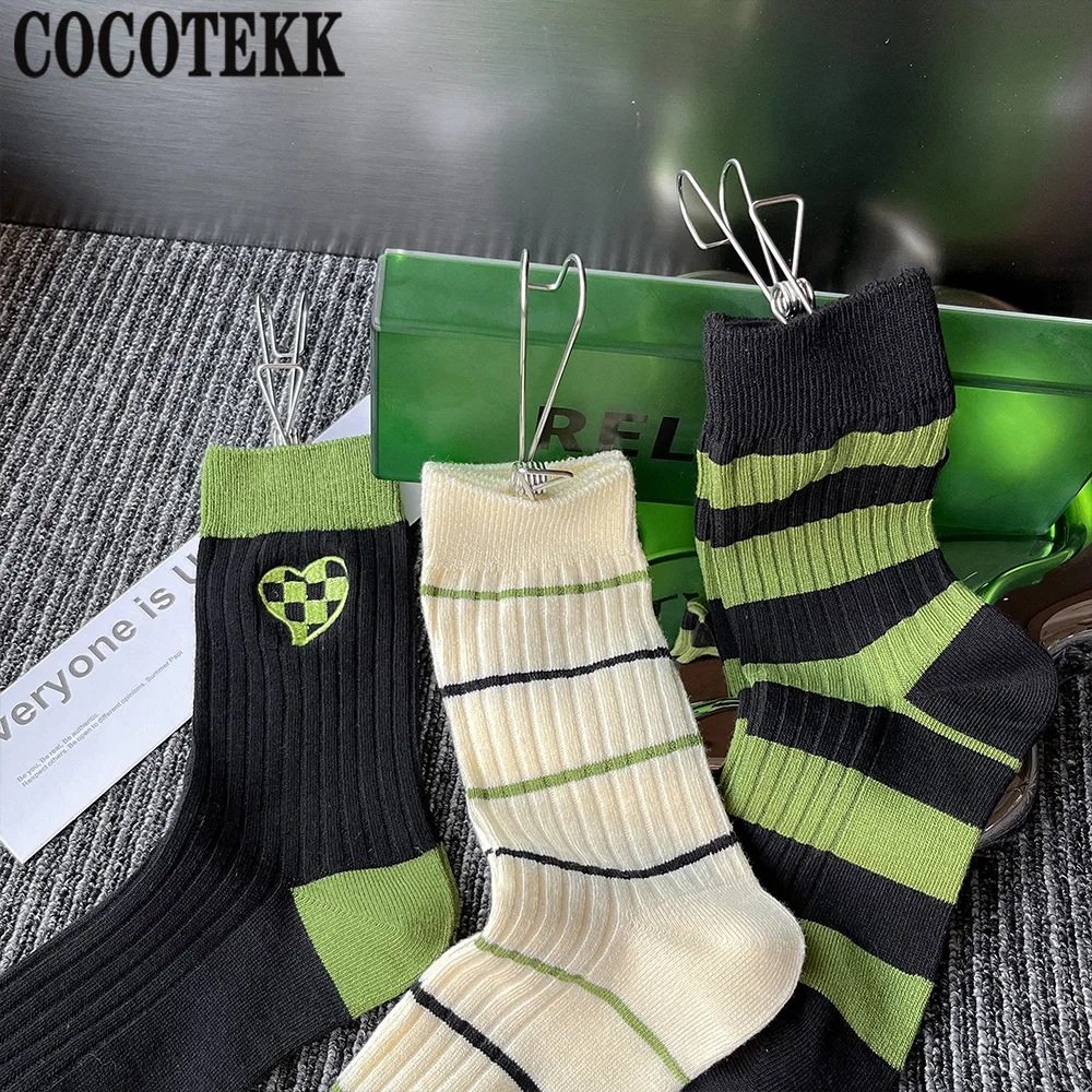 2022 New Green Series Women Socks High Quality Breathable Crew Socks Embroidered Stripe Sport Casual Trend Street Hip Hop Socks