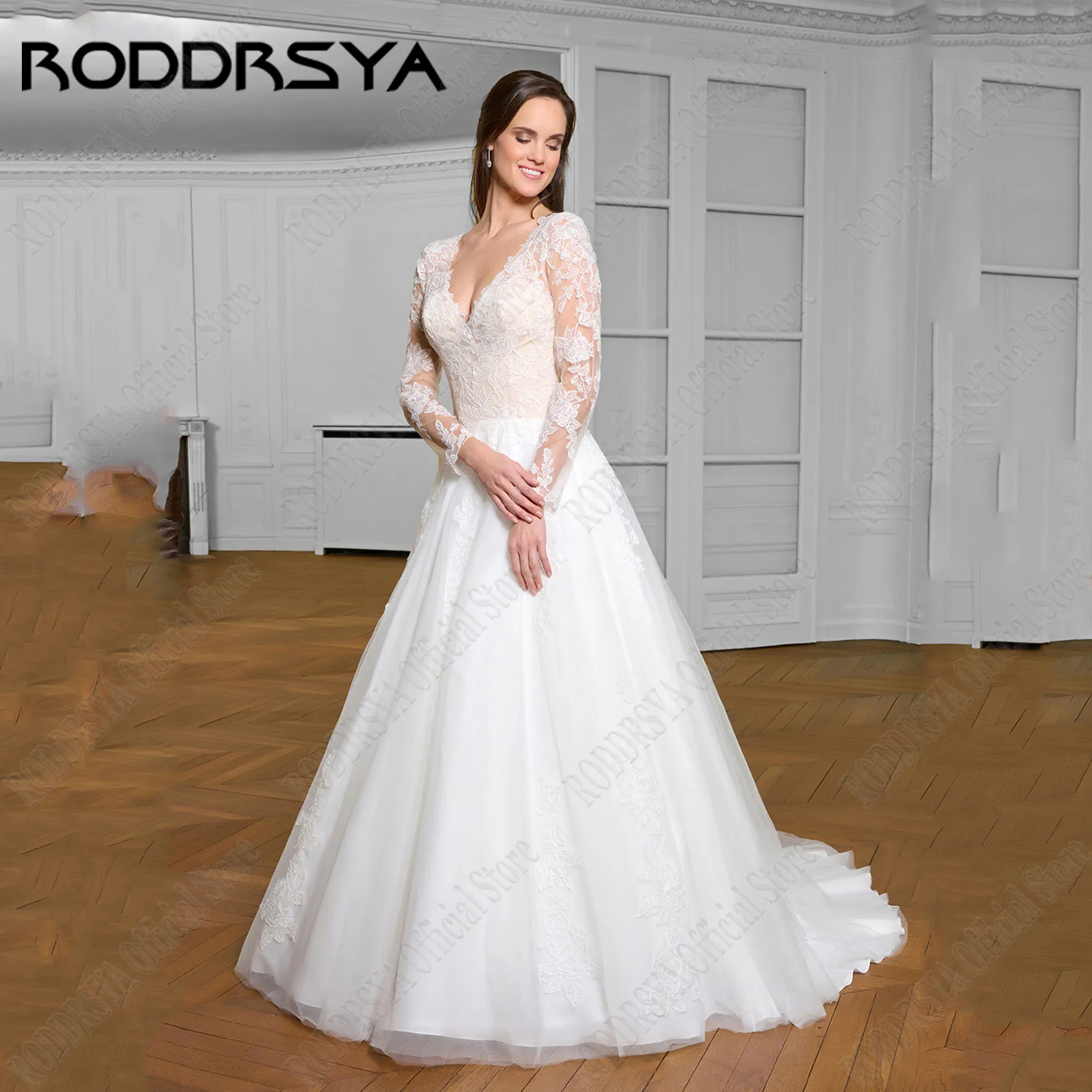 

RODDRSYA A-Line Lace Wedding Dress Women Long Sleeves Applique Bride Dresses Illusion Back Elegant Wedding Gowns Customized