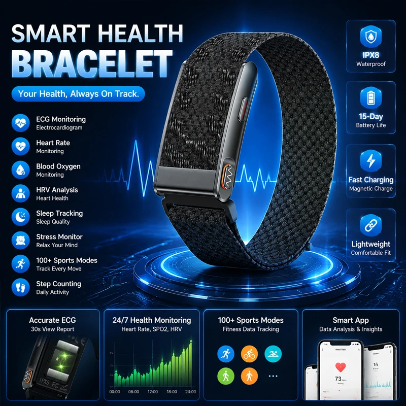 Screenless Smart Health Band with ECG Heart Rate Sleep SpO2 HRV Blood Pressure Sports Tracking 3ATM Waterproof Smart Bracelet
