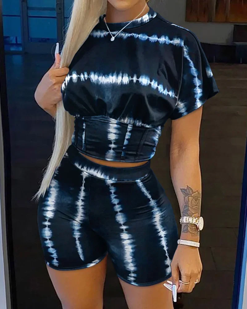 2022 Summer Women\'s Casual Fashionraglan Sleeve Tie Dye Top + Pants Two Piece Camo Pants Leopard Print Tow Piece Set Ladies Suit