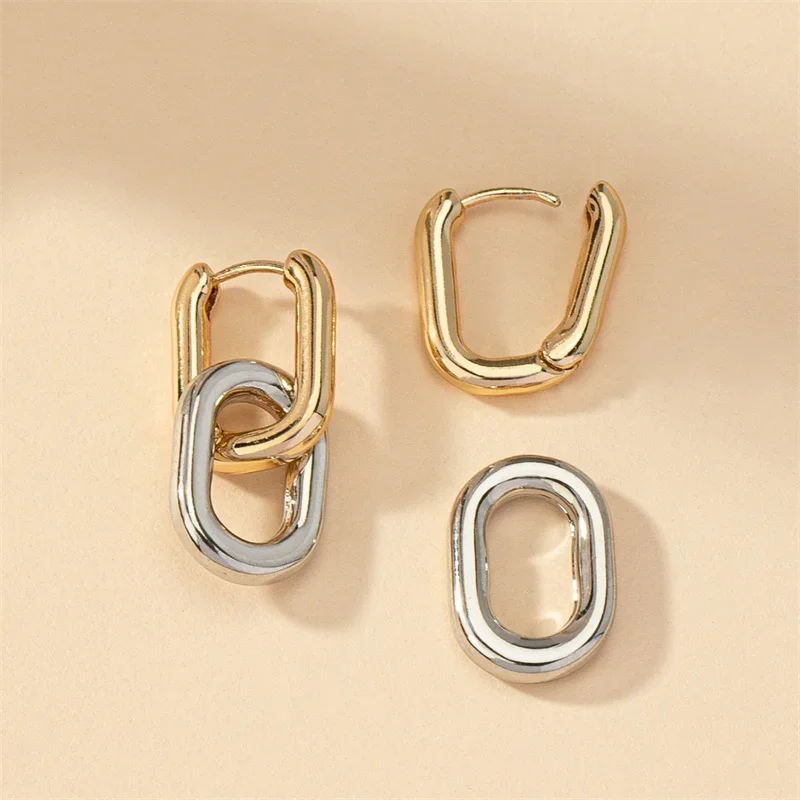 Stainless Steel Fashion Gold Color Geometric Square Hoop Earrings for Women Huggie Punk Hip-Hop Metal Round Circle Party Jewelry