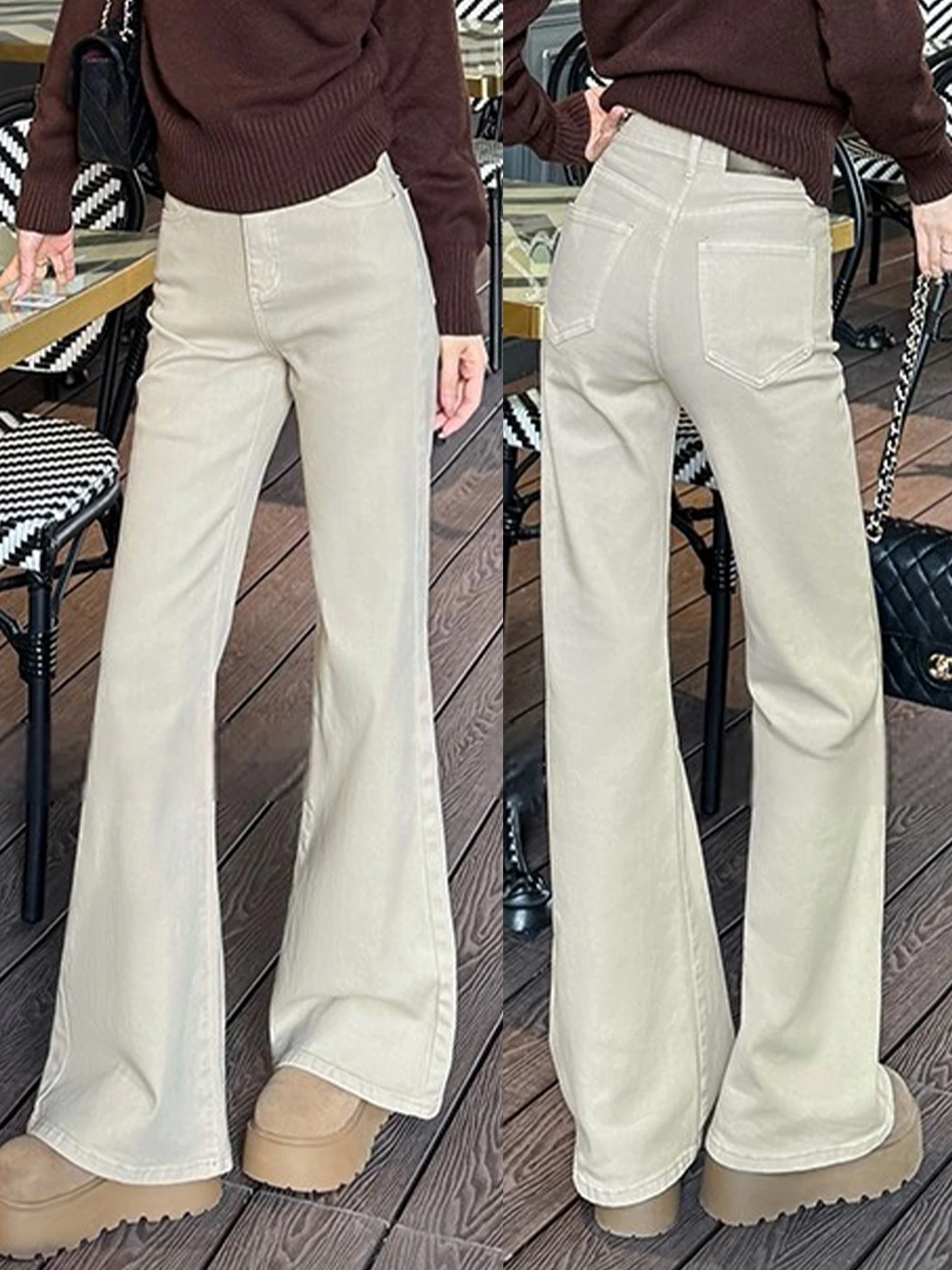 

High Waist Flared Jeans Women's Fleece Lined Slim Fit Casual High Waist Bell Bottom Pants Autumn Winter New Style Milk Tea Color