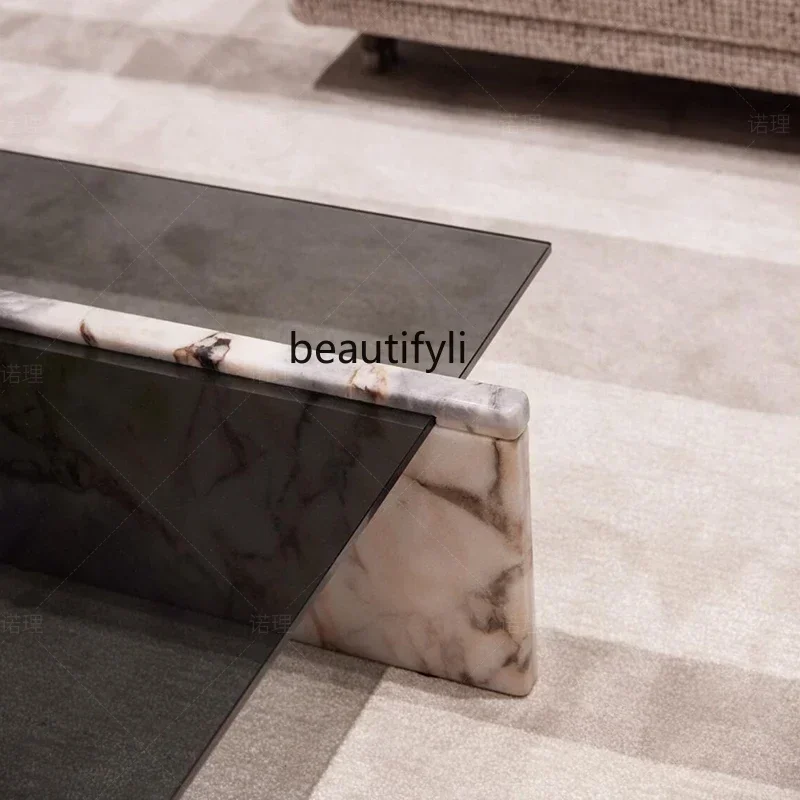 cqyNordic natural marble living room coffee table light luxury Italian style, transparent tempered glass low coffee table
