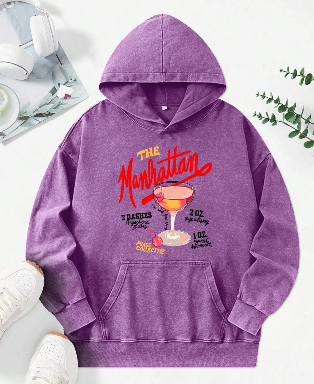 The Manhattan Cherry Cocktail Print Washed Hoody Women Y2K Hip Hop Clothing Casual Cotton Hoodie Autumn Oversize Pullover Female