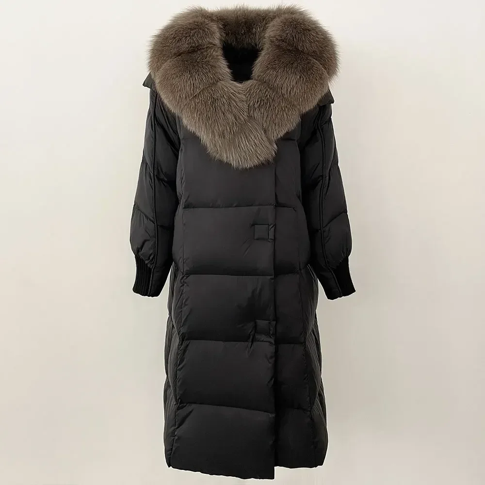 معطف نسائي بياقة من فرو الراكون الثعلب الحقيقي ، جاكيت مبطن بأوزة بيضاء ، معطف طويل من الفرو الطبيعي ، ملابس خارجية دافئة ، شتاء الأوروبي ، جديد