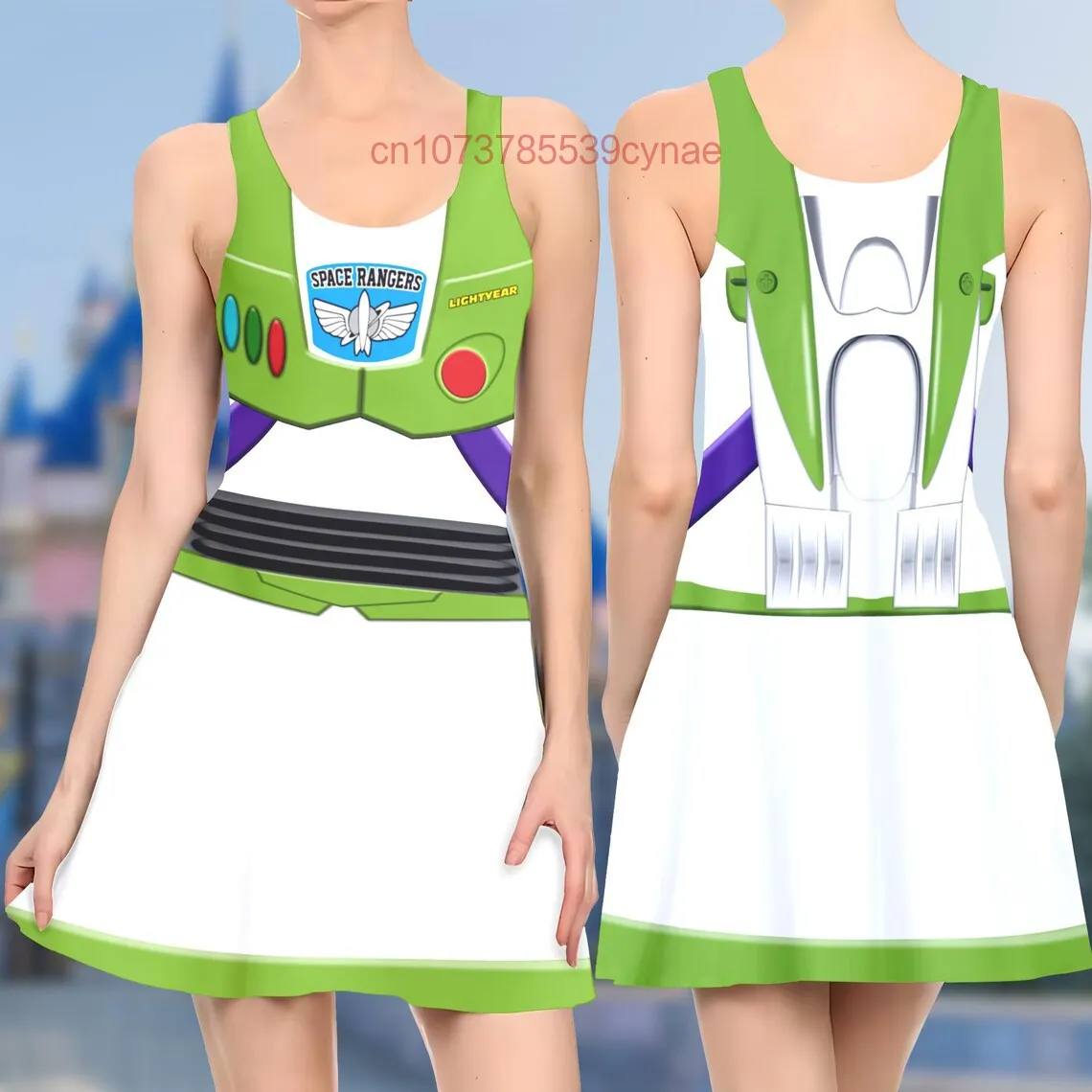 New Buzz Lightyear Skater Dress for Women Round Neck Sleeveless Fashion Cosplay Alphabet Print Lightweight Party Dress