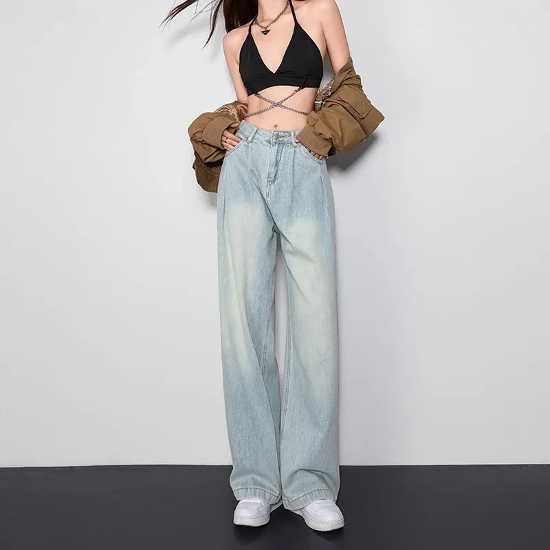 하이웨이스트 와이드 레그 블루 데님 진 여성용 초가을 2024 신상 루즈 드레이프 스트레이트 컷 플로어 길이 바지