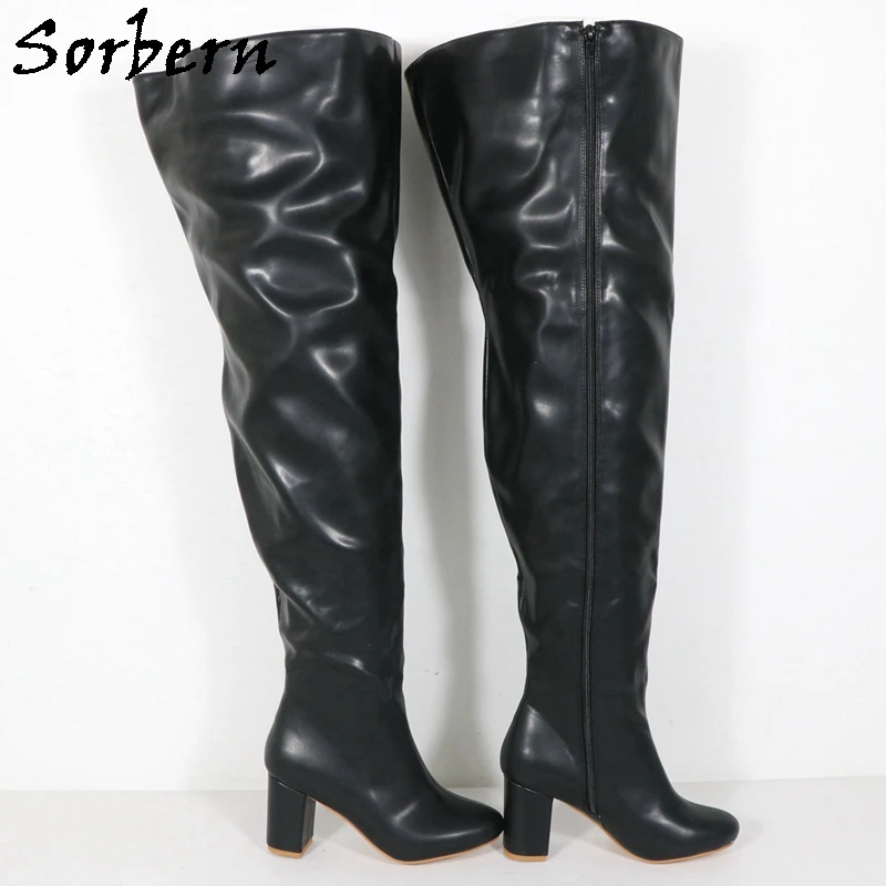 Sorbern Custom Extra Wide Boots Women 8Cm Block Mid Heels Round Toe Chunky Heeled Unisex Mid Thigh Boot Zipper Up