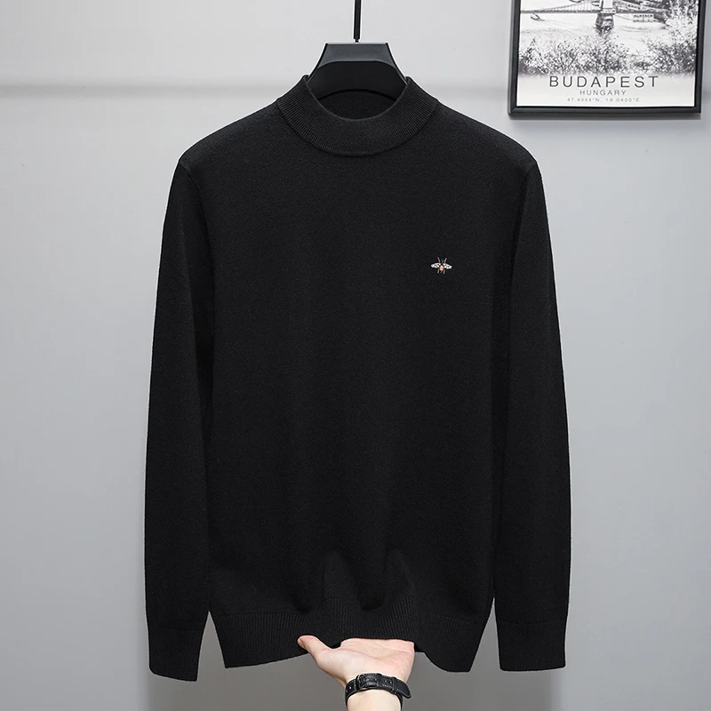 Hot Premium Brand Man Long Sleeves Knitwear 100%wool Round Neck Bee Embroidery British Style Pullover Winter Skin-Friendly Tops